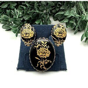 Vintage Gold Tone Floral Black Enamel Brooch & Clip-On Earrings Set